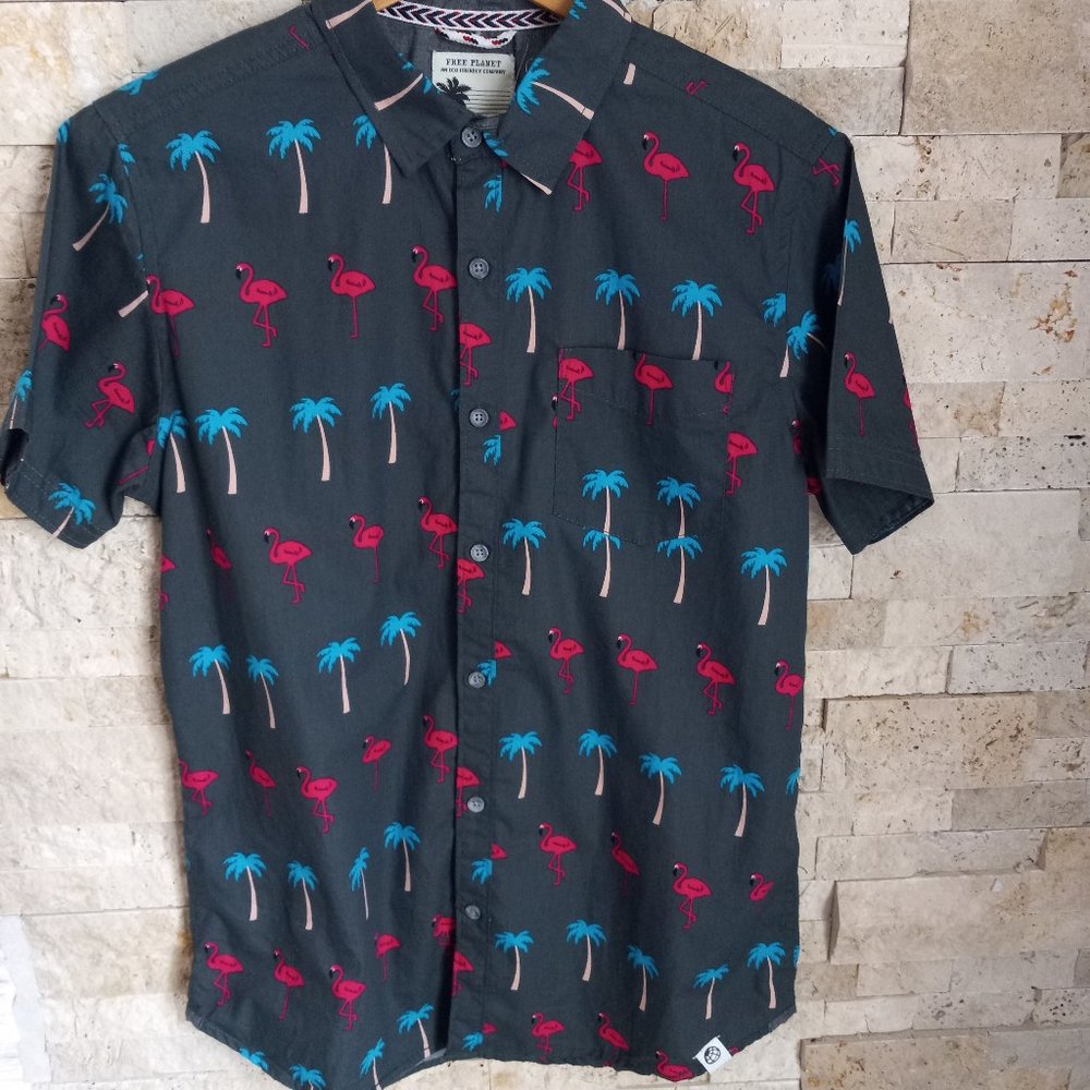 Free Planet Men"s Short Sleeve Button Down Flamingos & Palm Trees Sz M